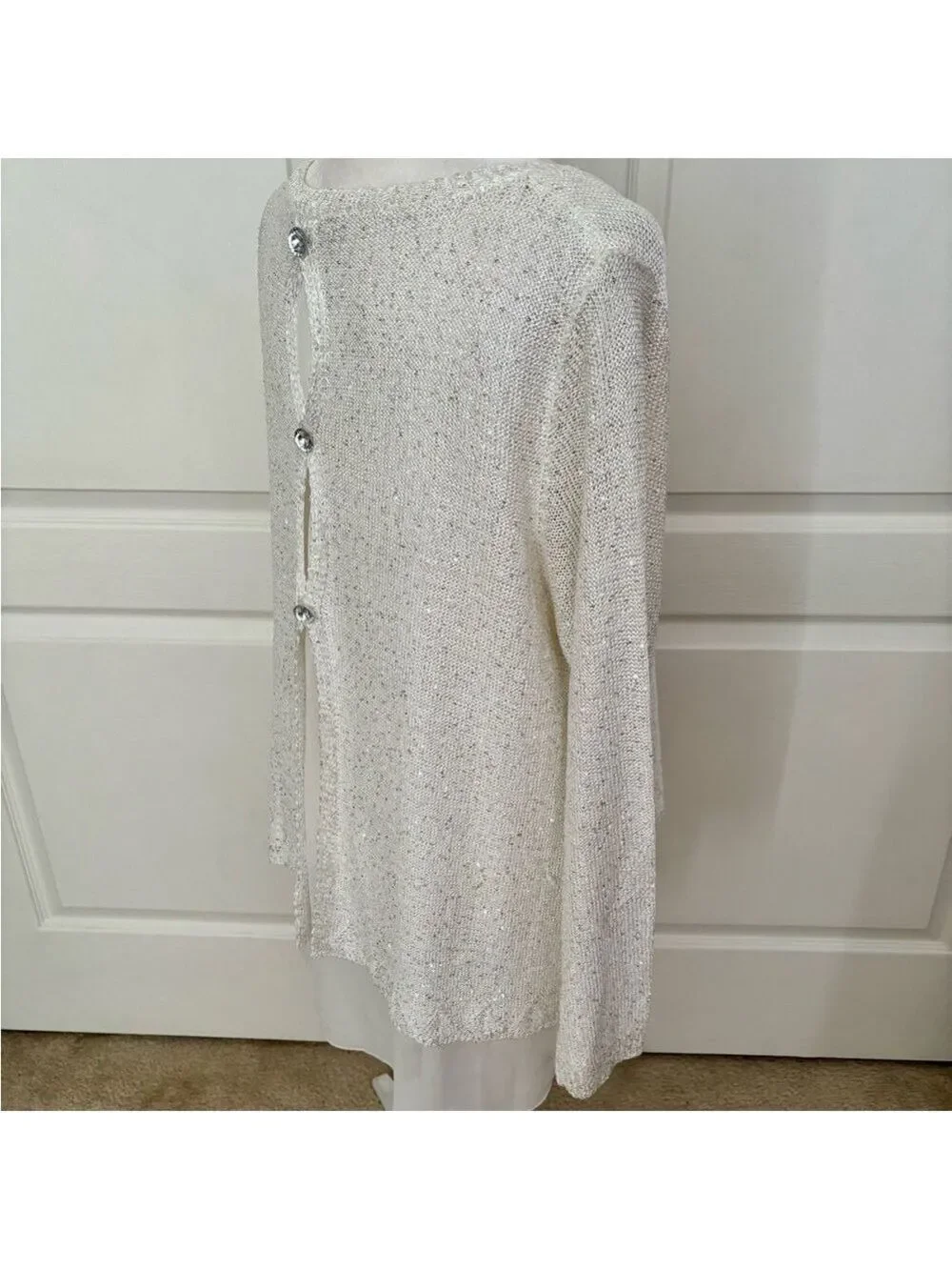 Sioni Winter White Sparkle Sweater XL – Hi-Lo Hem, Chiffon Lining, Rhinestone